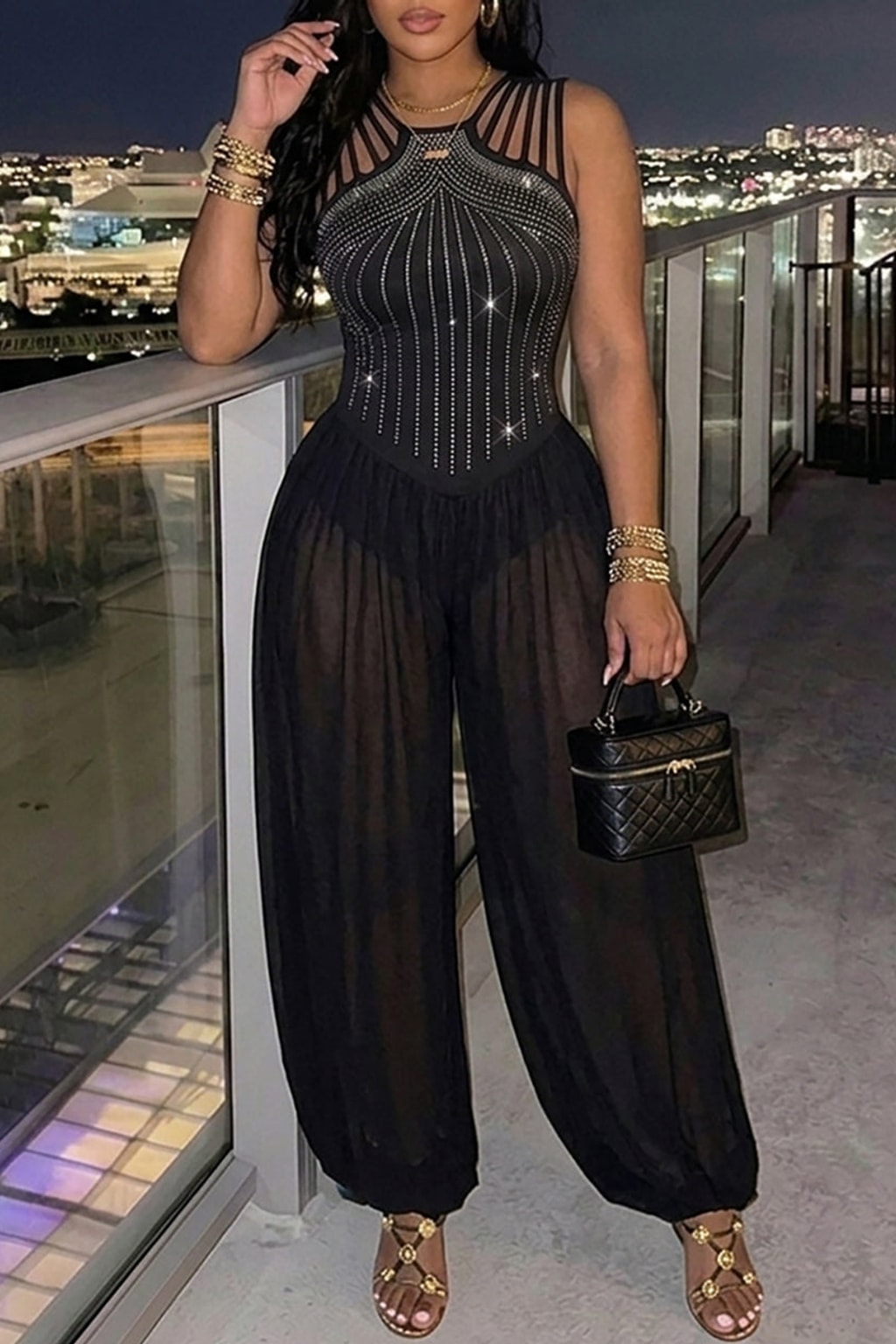 Polyester Chiffon Jumpsuit With Sheer Lantern Legs - 5