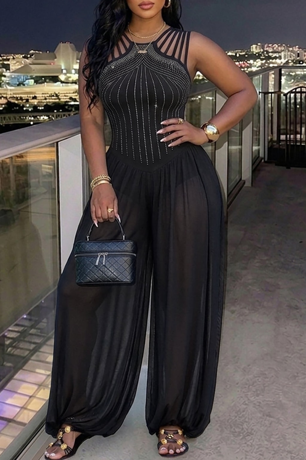 Polyester Chiffon Jumpsuit With Sheer Lantern Legs - 6