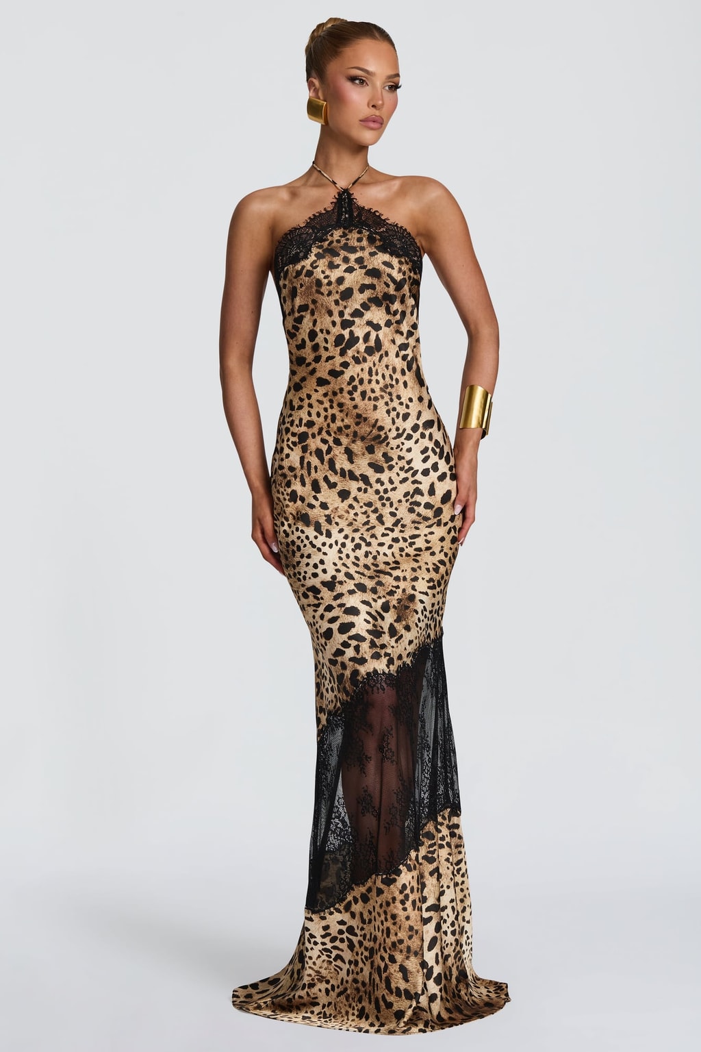 Satin Maxi Dress With Halter Neck And Lace Detail - 2