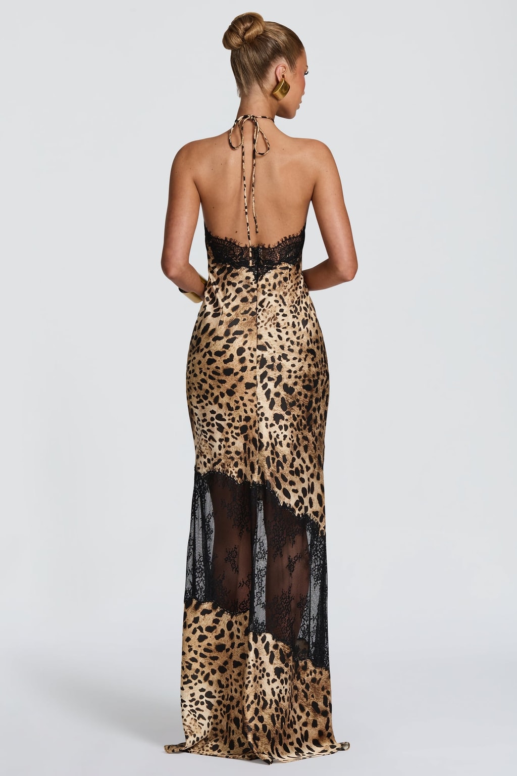 Satin Maxi Dress With Halter Neck And Lace Detail - 3