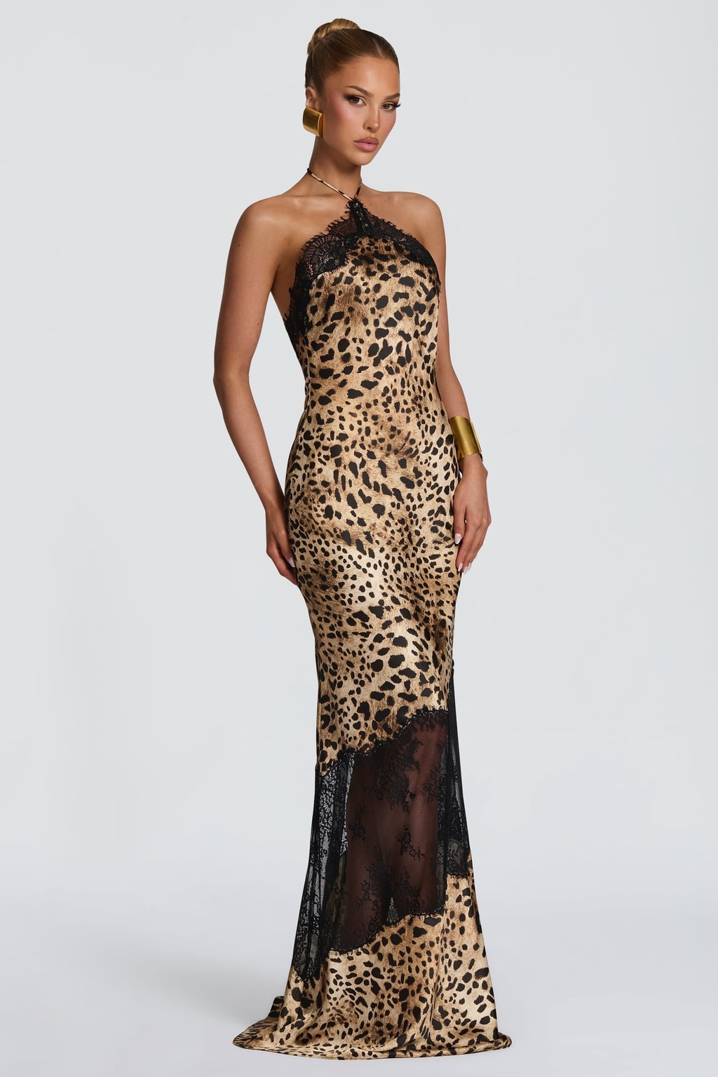 Satin Maxi Dress With Halter Neck And Lace Detail - 4