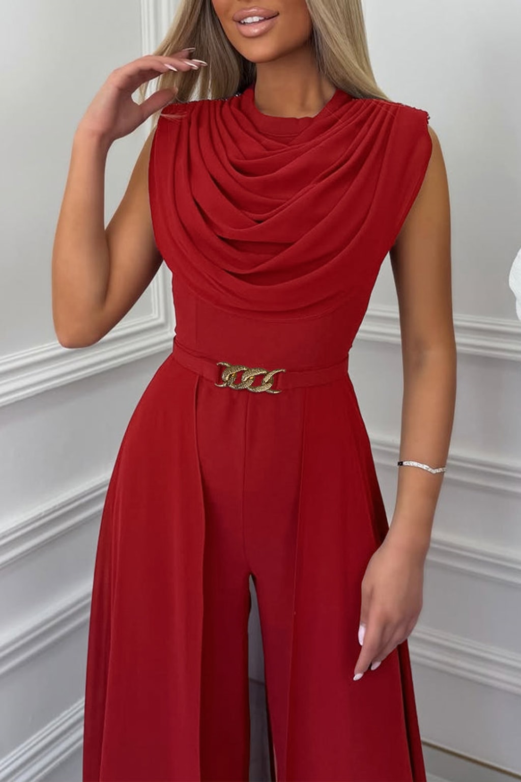 Polyester Wide Leg Jumpsuit With Cowl Neck Draped Overlay - 5