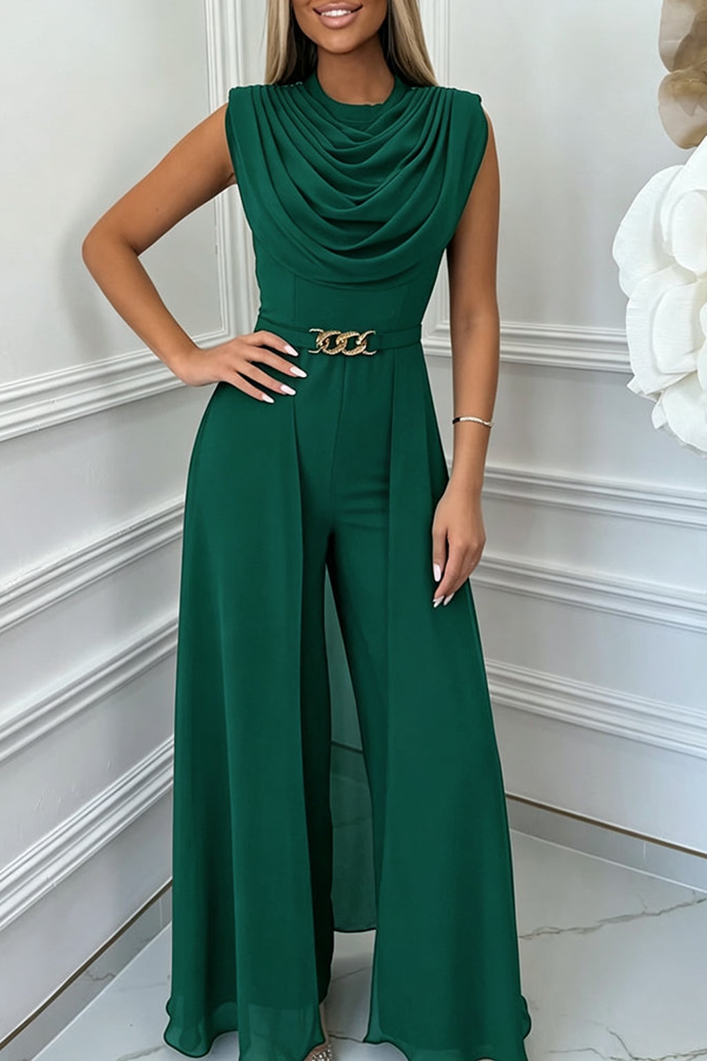 Polyester Wide Leg Jumpsuit With Cowl Neck Draped Overlay - 8