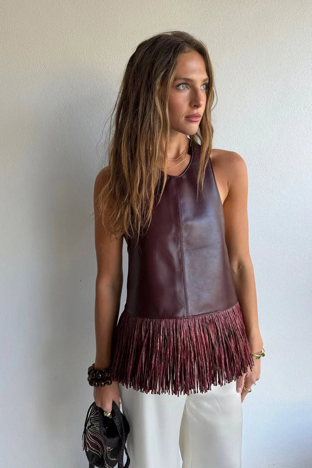 Leather Halter Top With Fringe Hem Burgundy - 3