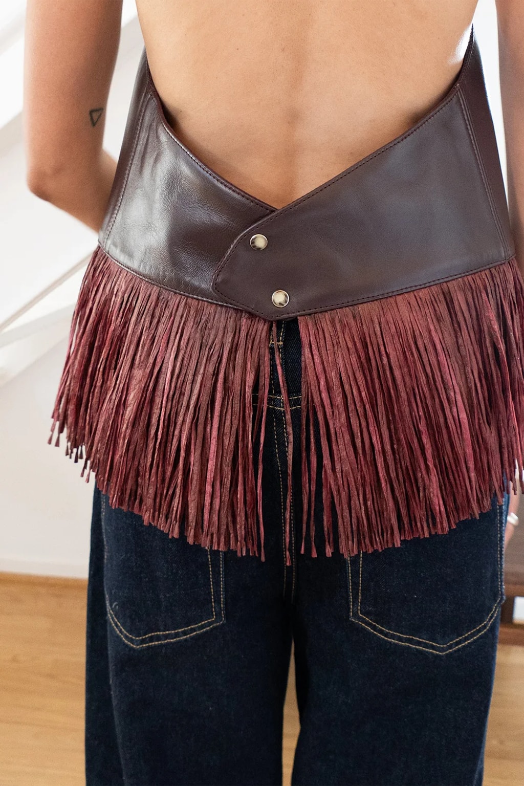Leather Halter Top With Fringe Hem Burgundy - 6