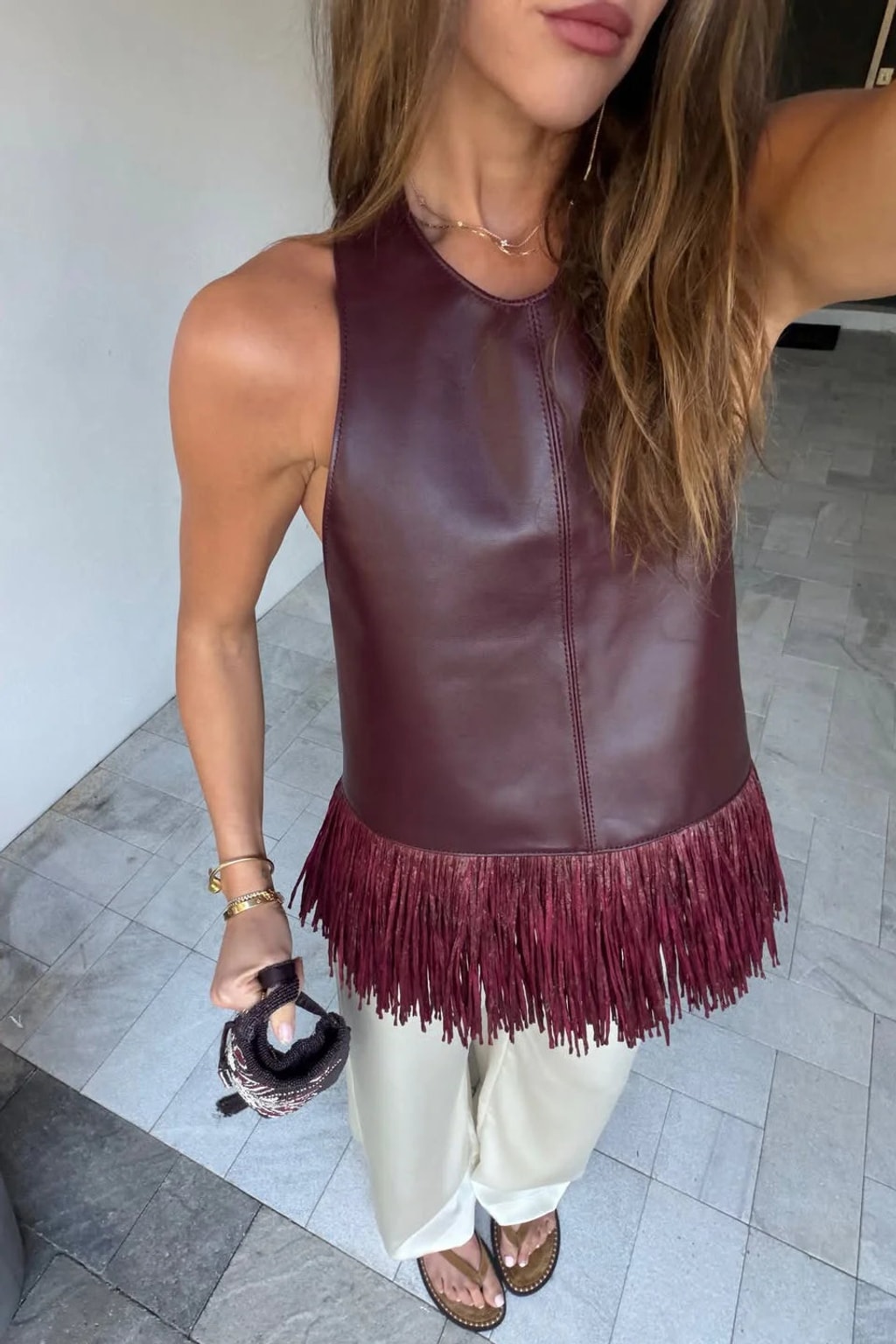 Leather Halter Top With Fringe Hem Burgundy - 2