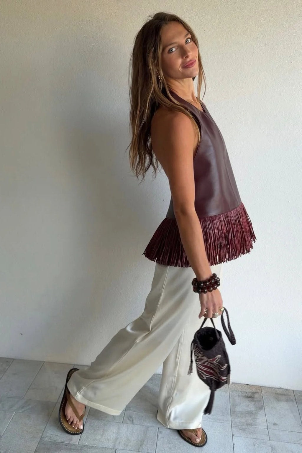 Leather Halter Top With Fringe Hem Burgundy - 5