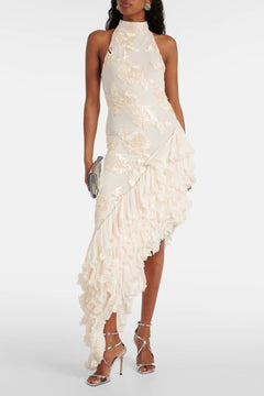 Sheer Ivory Maxi Dress With Floral Appliqué - 2