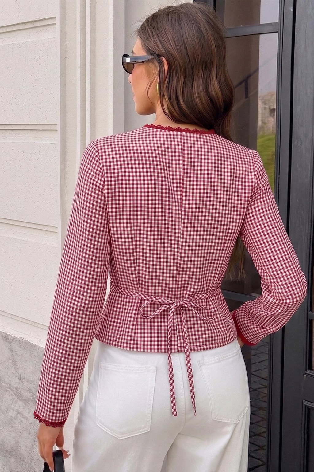 Polyester Shirt With Lace Tie And Plaid Detail - 4