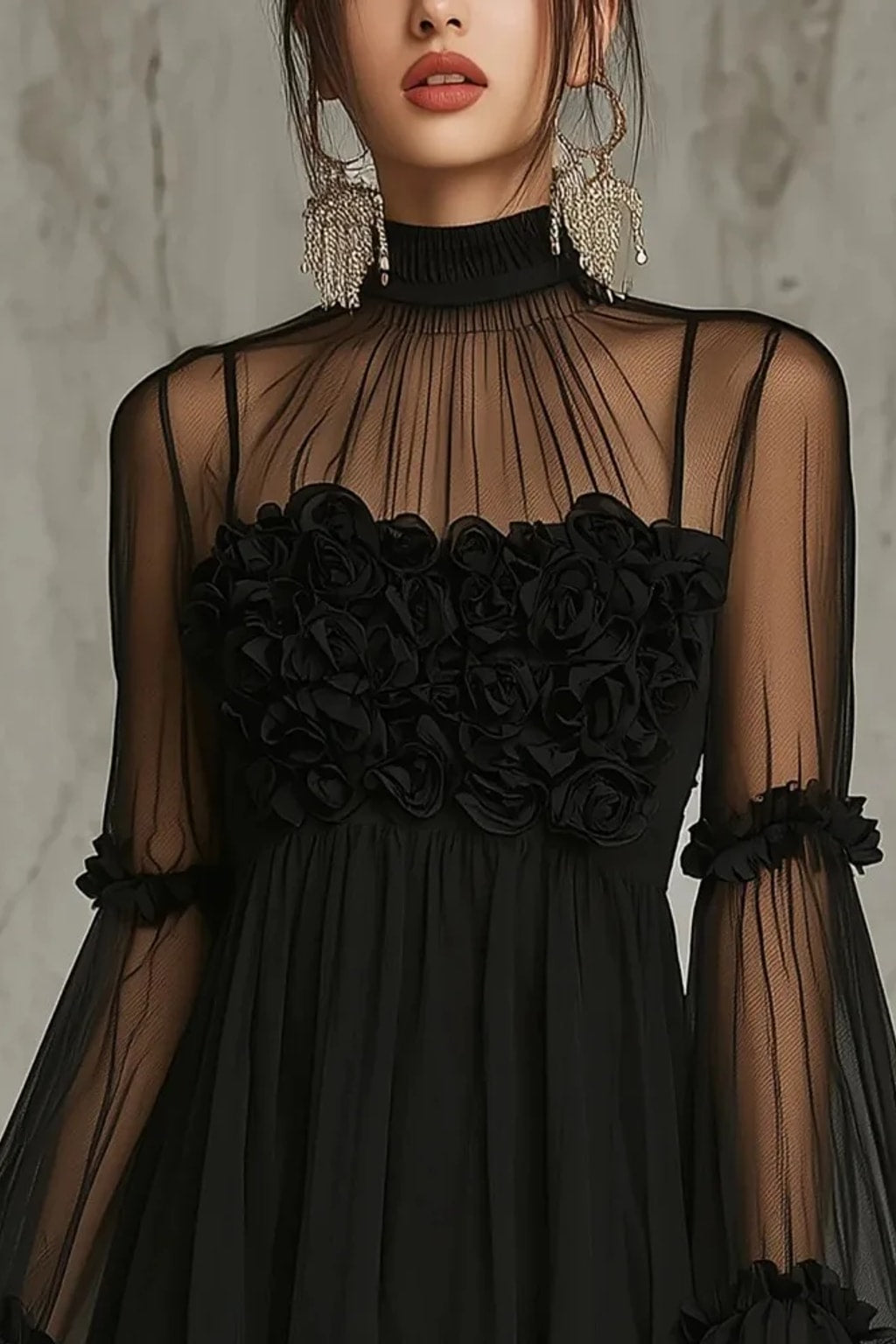 Synthetic Fiber Mesh Mini Dress With 3D Floral Appliques - 6