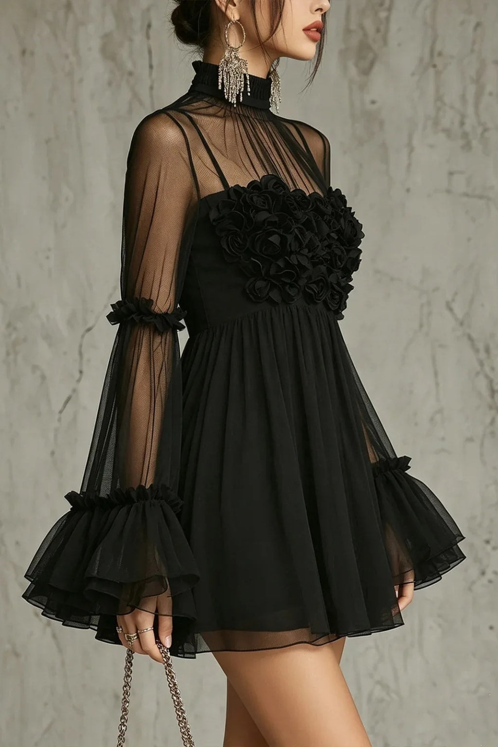 Synthetic Fiber Mesh Mini Dress With 3D Floral Appliques - 5