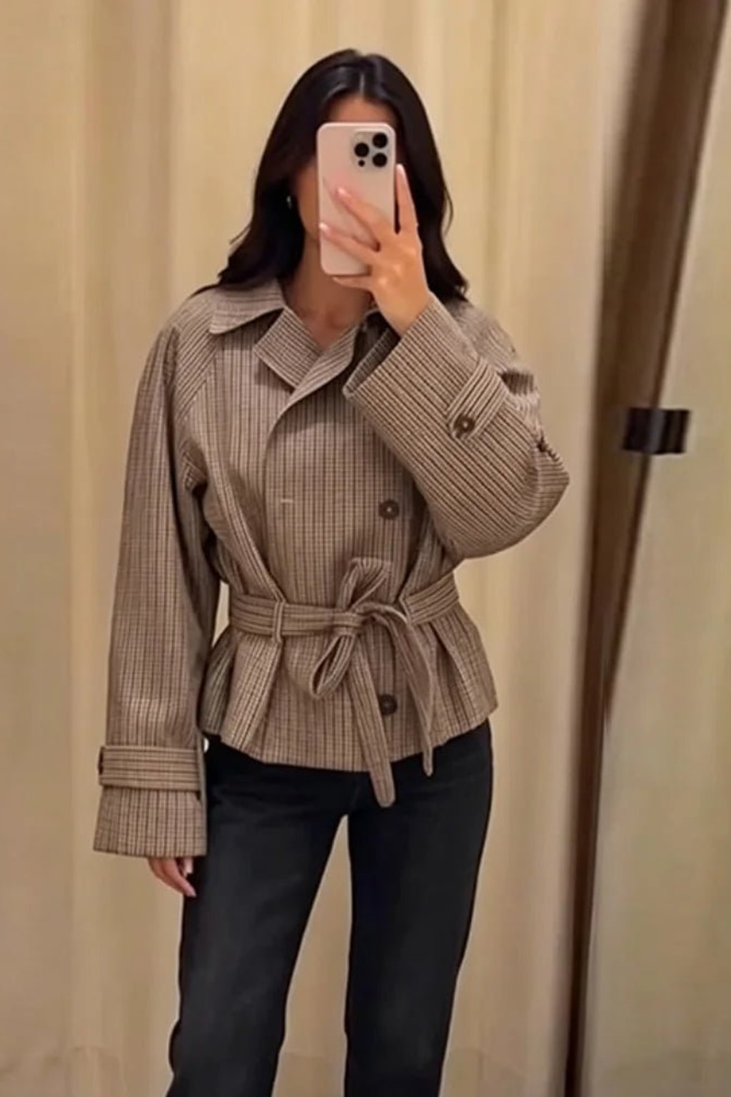 Polyester Plaid Trench Coat With Belted Waist - 5
