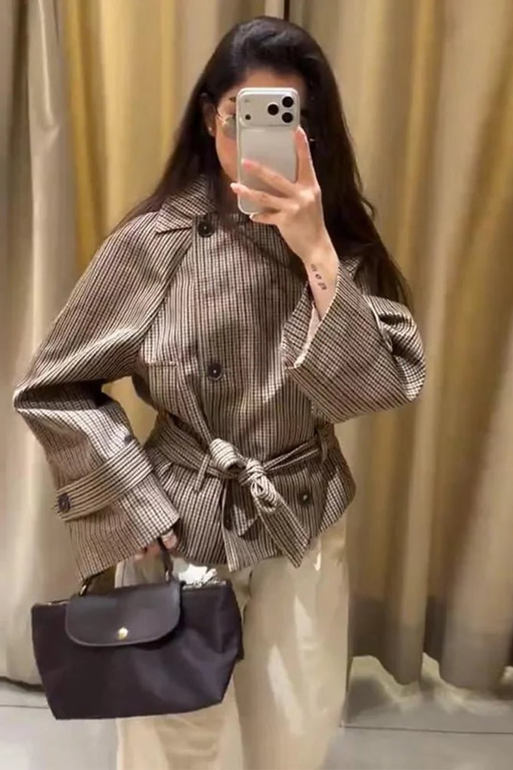 Polyester Plaid Trench Coat With Belted Waist - 6