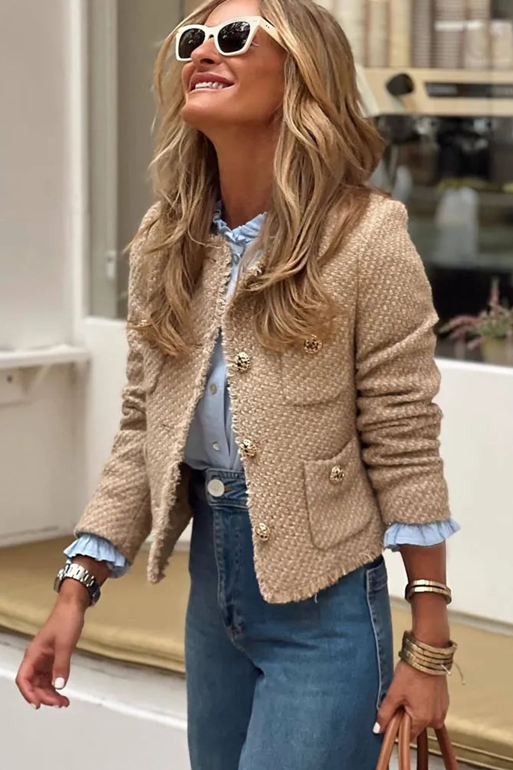 Tweed Cropped Jacket with Collarless Neckline - 3