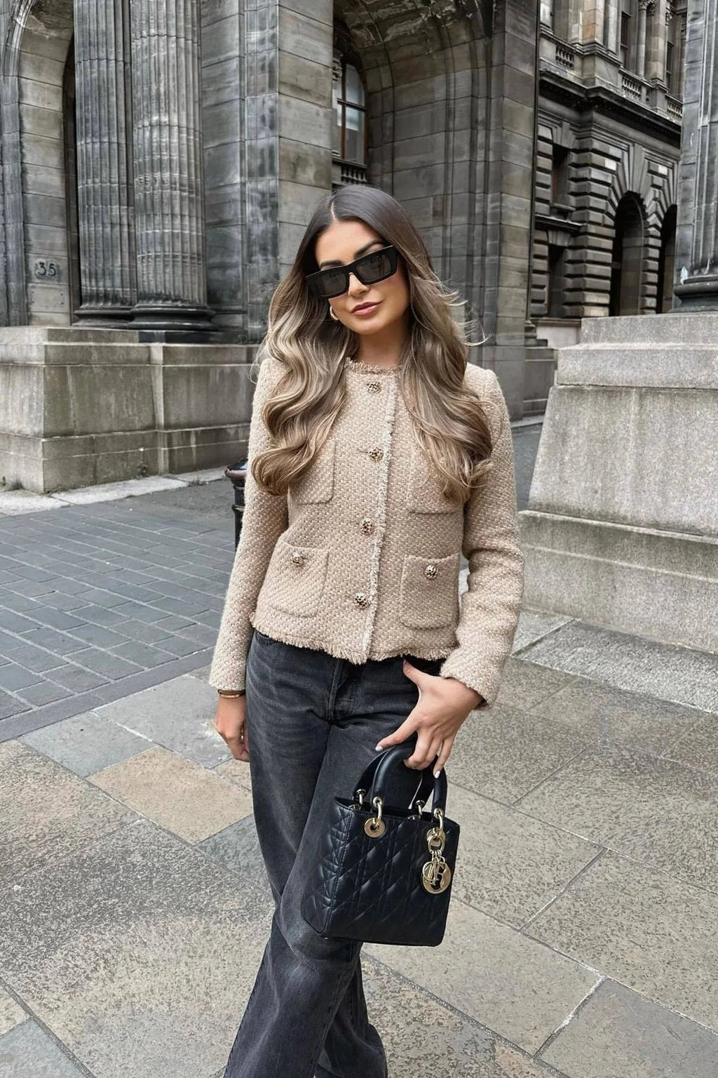 Tweed Cropped Jacket with Collarless Neckline - 2