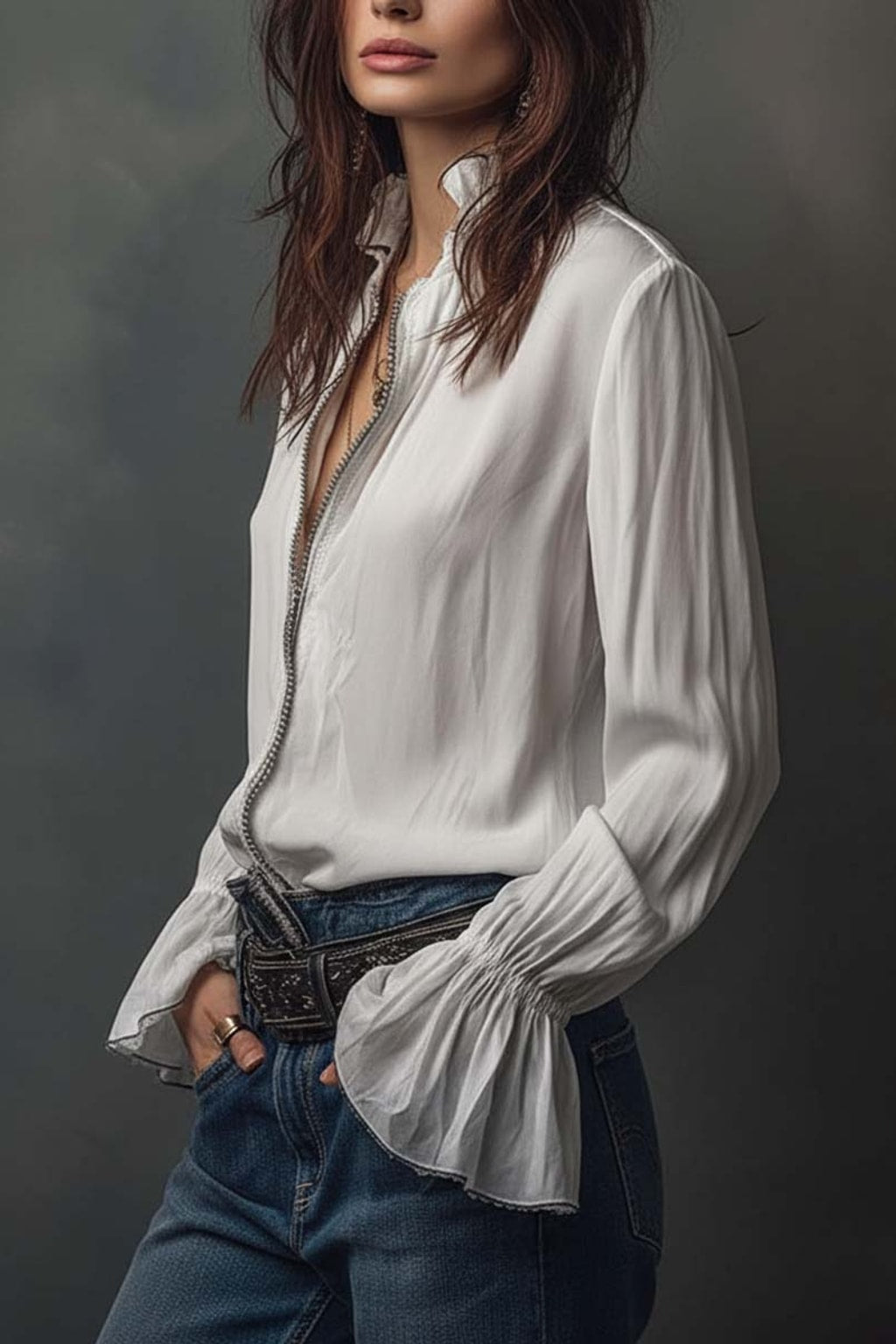 Structured Cotton Long Sleeve Blouse with Flounce Cuffs - 3