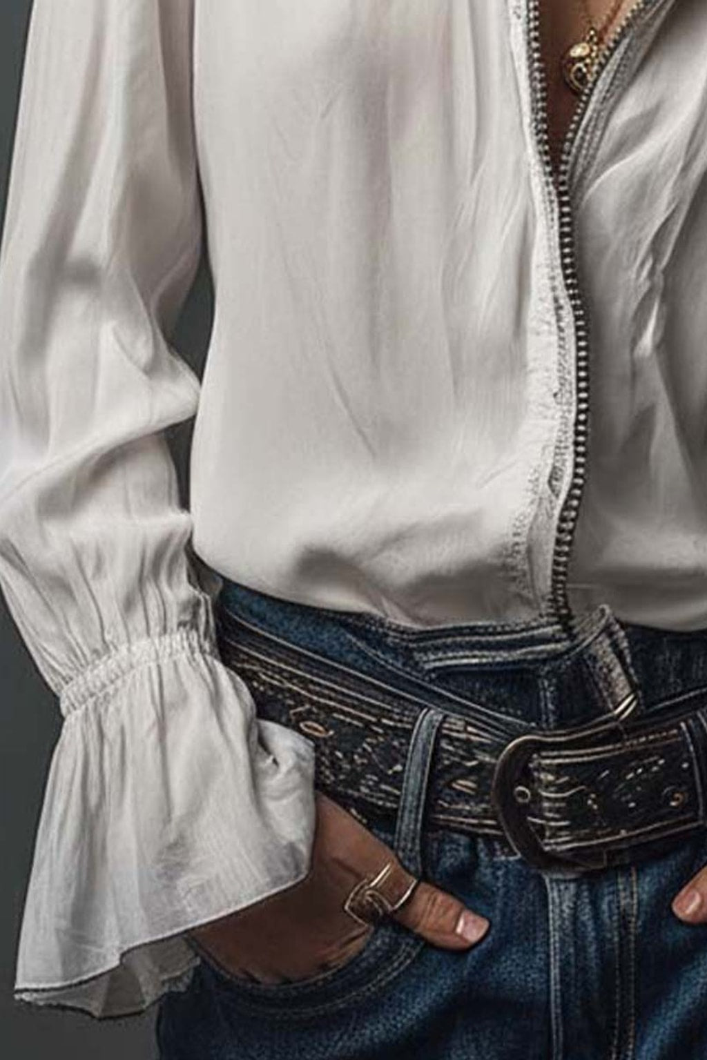 Structured Cotton Long Sleeve Blouse with Flounce Cuffs - 6