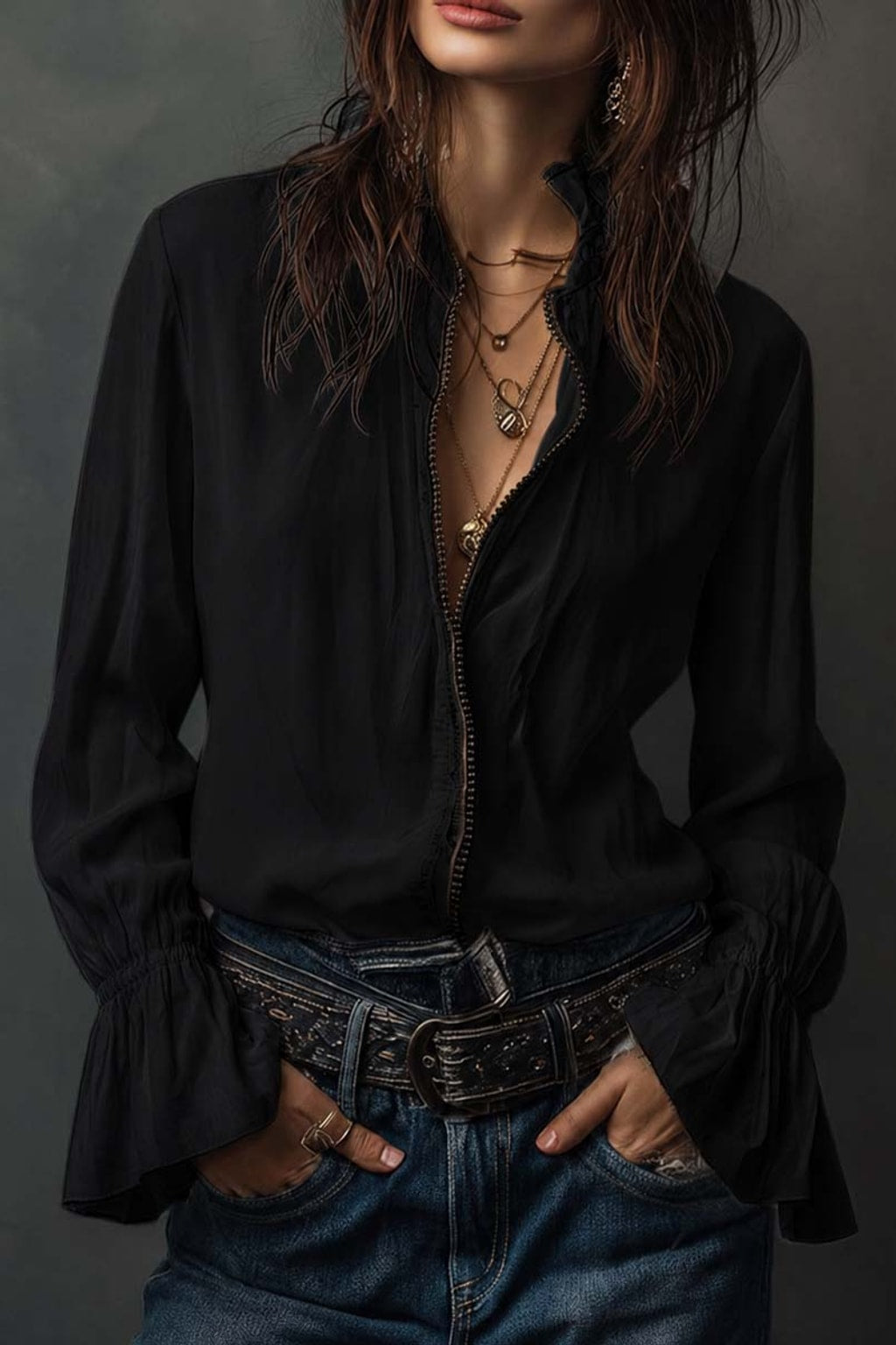 Structured Cotton Long Sleeve Blouse with Flounce Cuffs - 9
