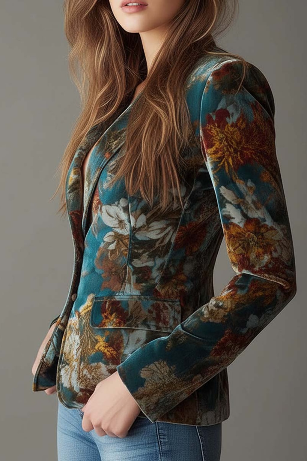 Velvet Blazer with Tailored Vintage Floral Design - 3