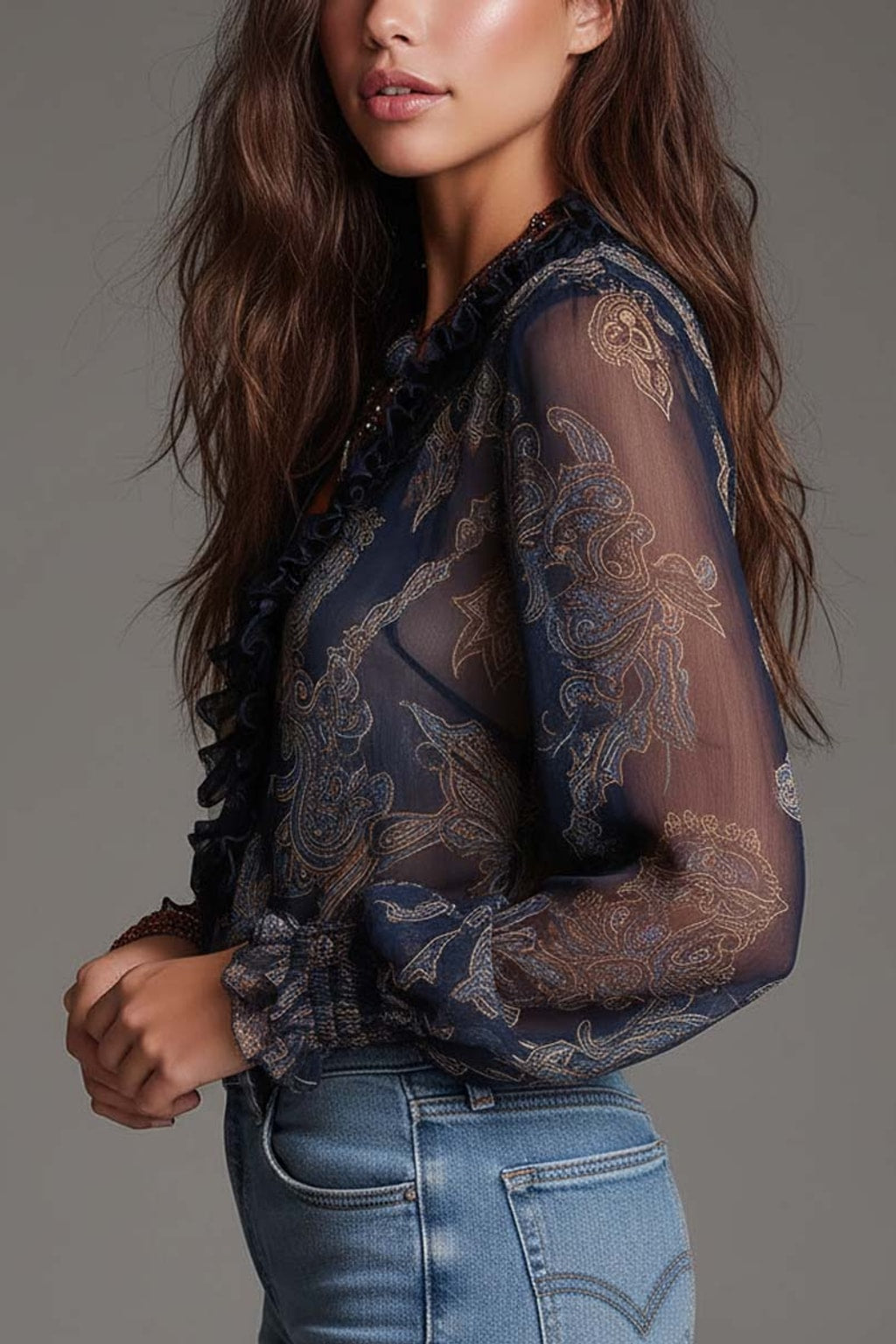 Chiffon Long Sleeve Blouse With Ruffled Zip Neckline - 3