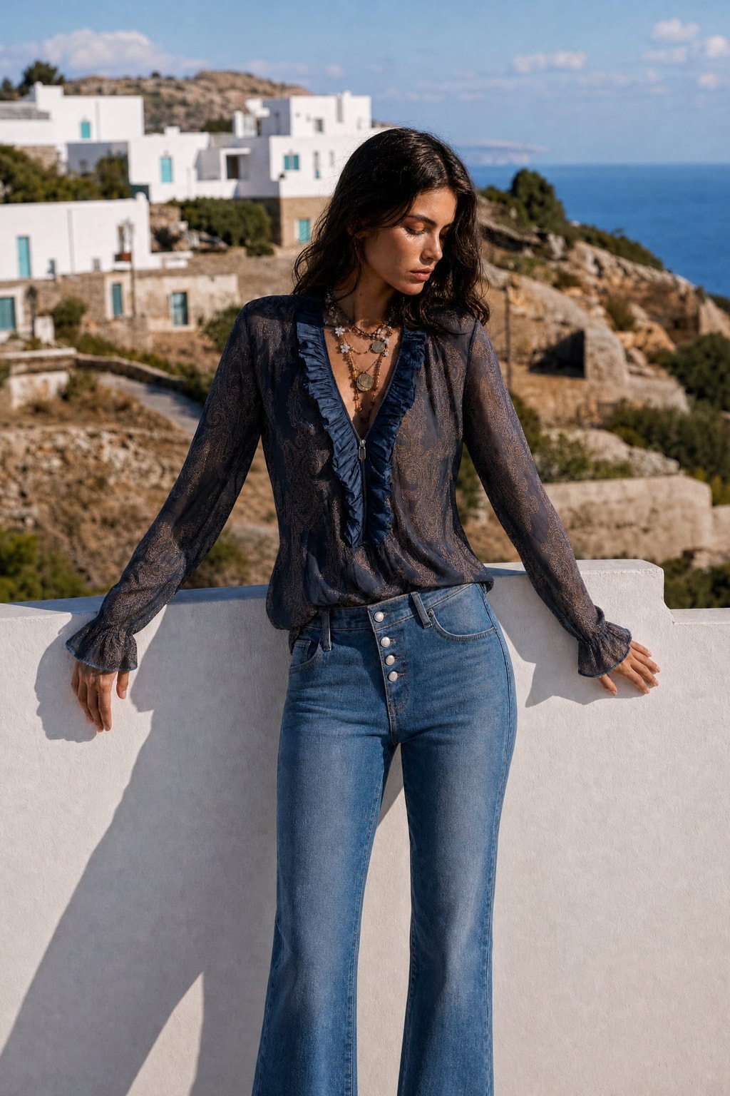 Chiffon Long Sleeve Blouse With Ruffled Zip Neckline - 8