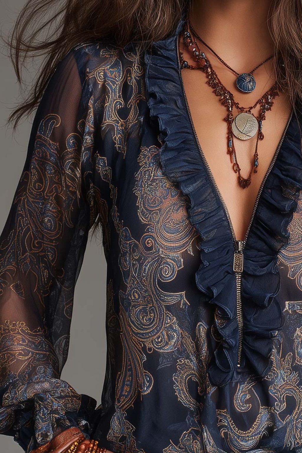 Chiffon Long Sleeve Blouse With Ruffled Zip Neckline - 5