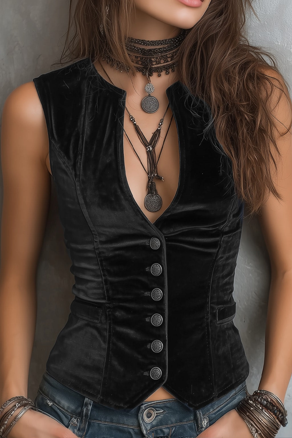 Velvet Vest with Vintage Round V-Neck - 2