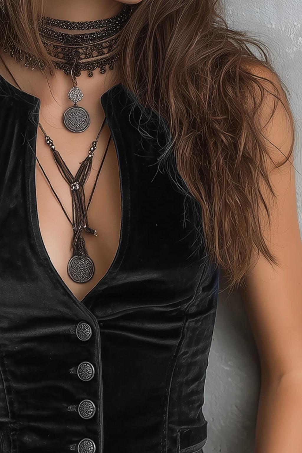 Velvet Vest with Vintage Round V-Neck - 4