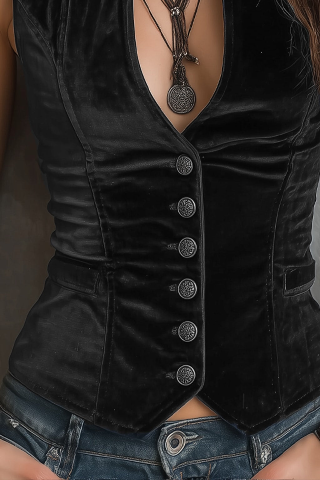 Velvet Vest with Vintage Round V-Neck - 5