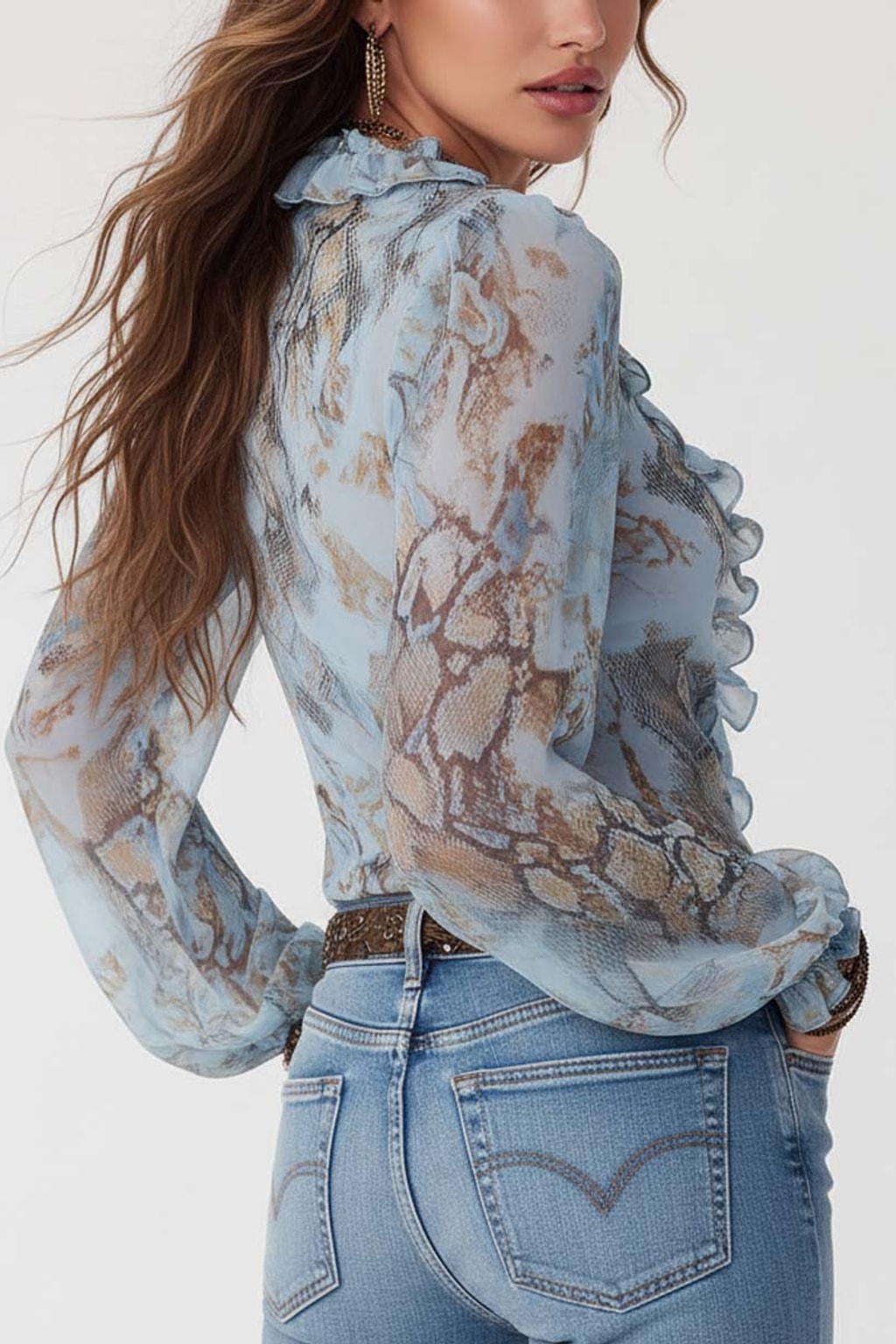 Effortless Long Sleeve Blouse with Ruffled V-Neckline - 3