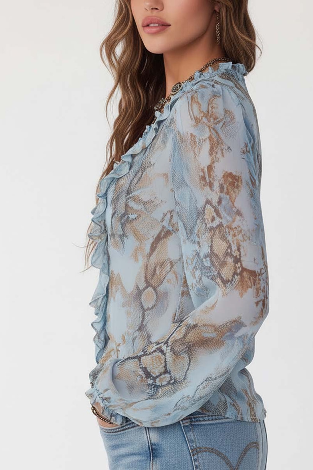 Effortless Long Sleeve Blouse with Ruffled V-Neckline - 4