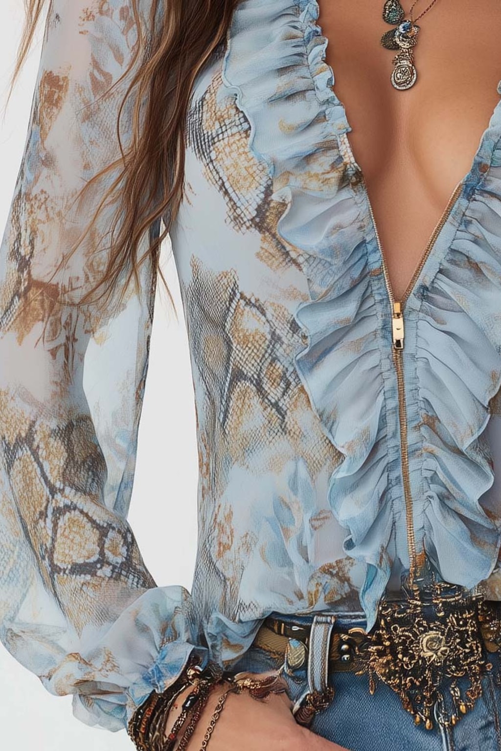 Effortless Long Sleeve Blouse with Ruffled V-Neckline - 5