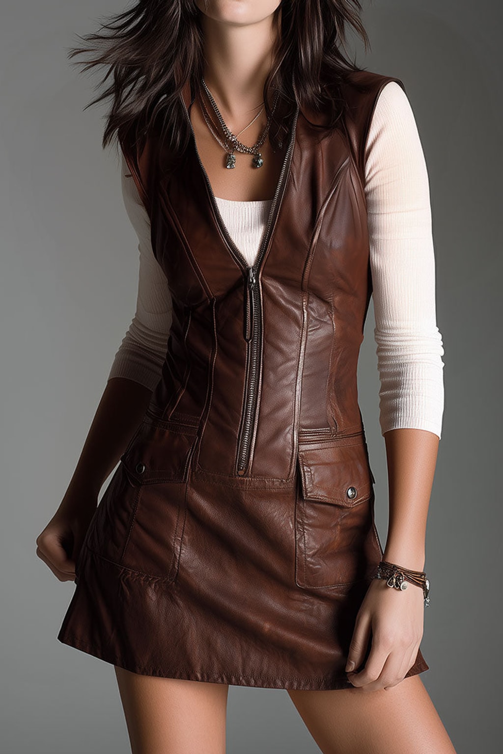 Eco Leather Mini Dress With Zip-Front And Utility Pockets - 6