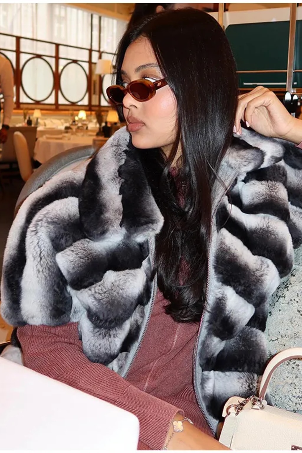 Faux Fur Patchwork Knit Jacket With Zipper Closure - 7