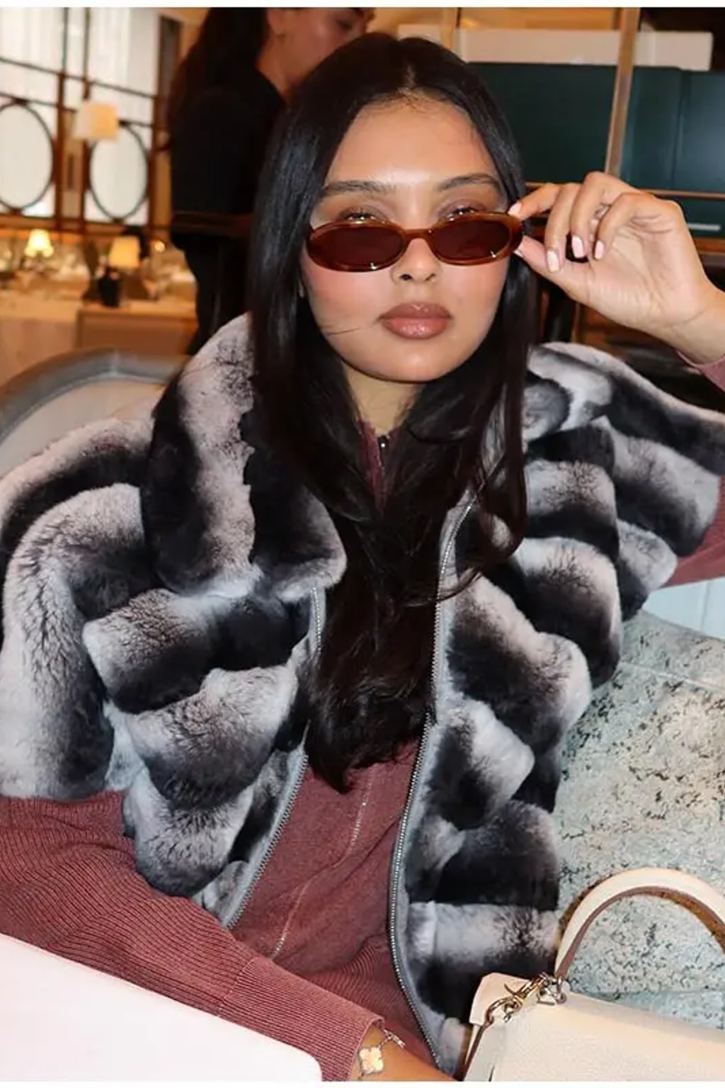 Faux Fur Patchwork Knit Jacket With Zipper Closure - 8