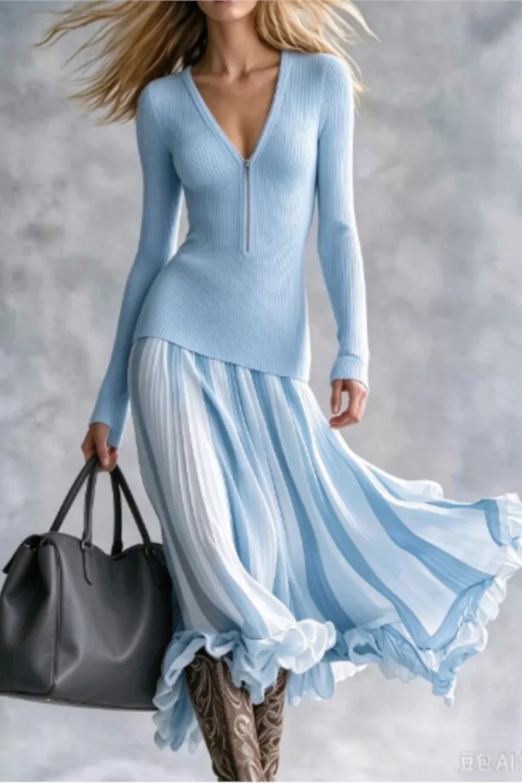 Polyester Knitted Dress with V Neck And Patchwork Stripes - 4