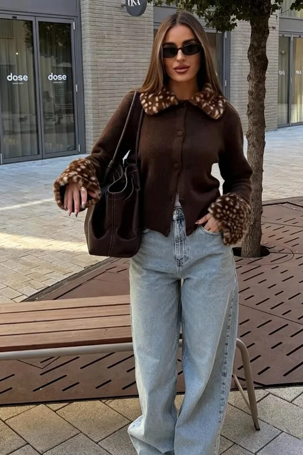 Knit Brown Cardigan Coat With Fur Patchwork - 5