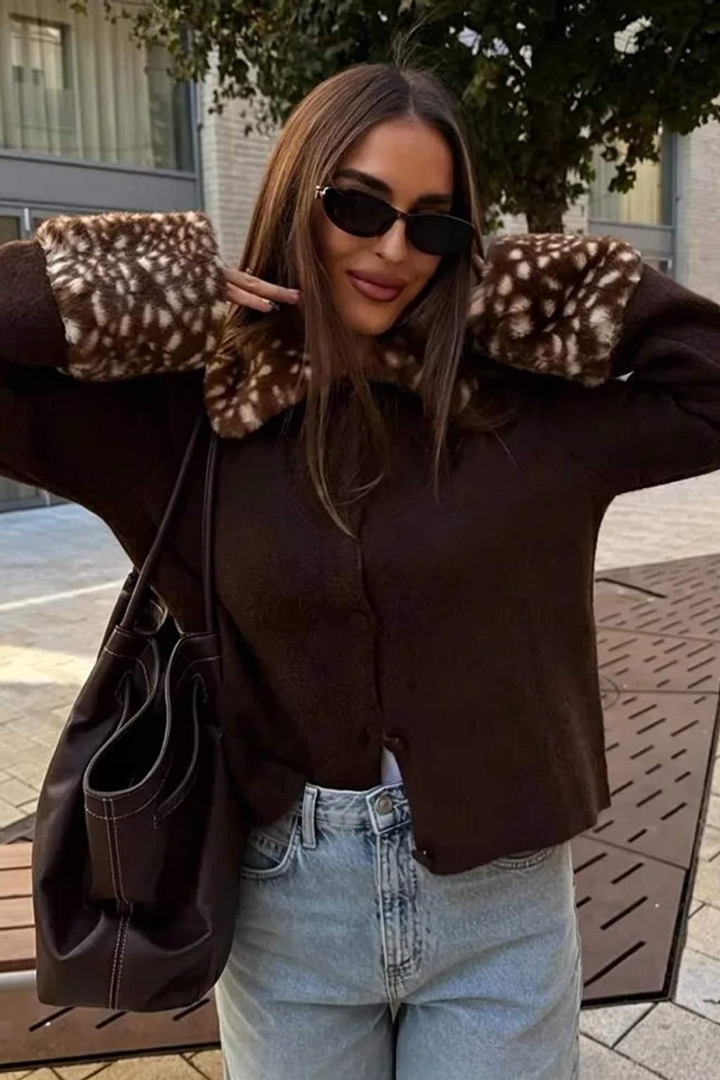Knit Brown Cardigan Coat With Fur Patchwork - 4