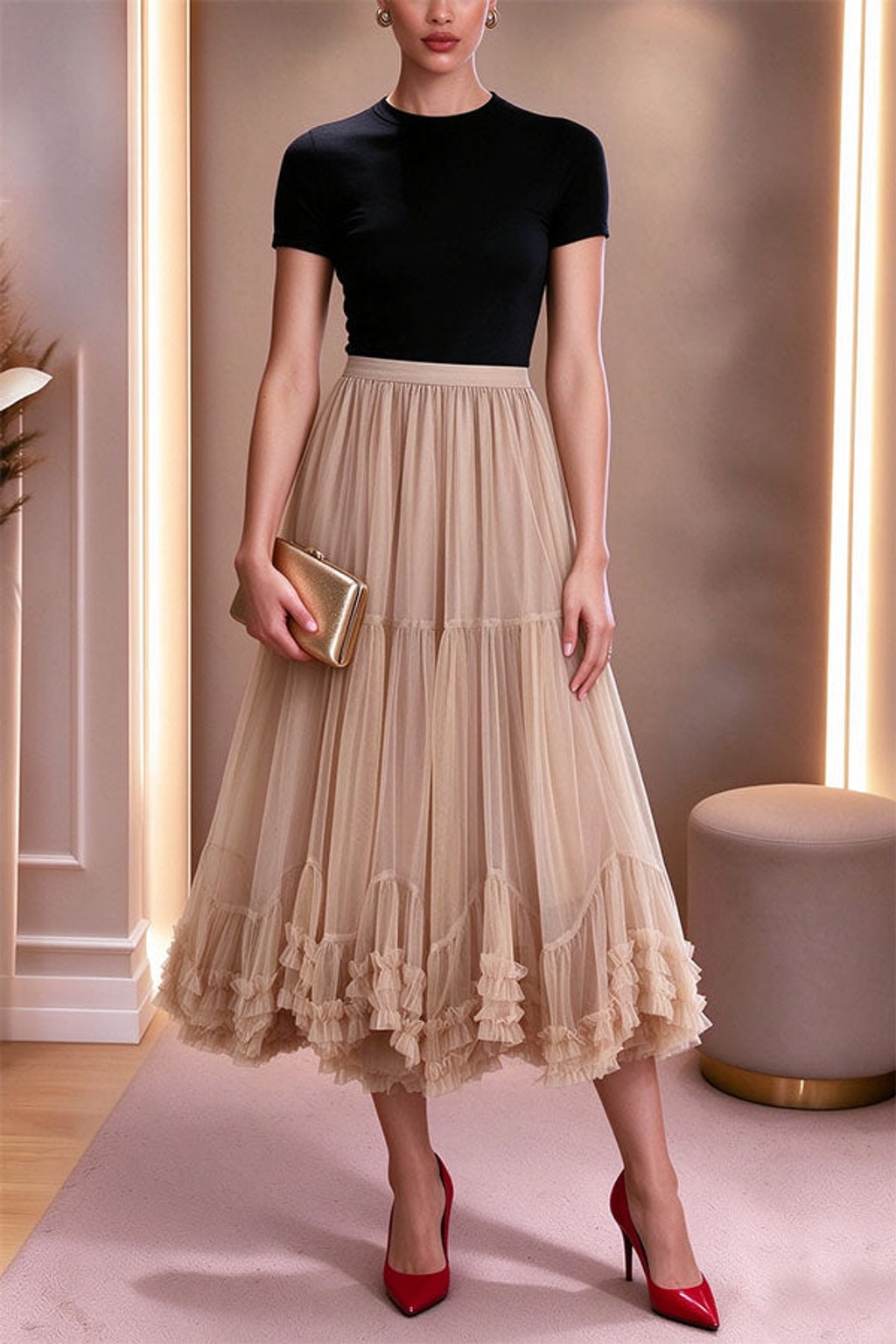 Mesh Midi Skirt With Elastic Waistband And Lettuce Edge - 5