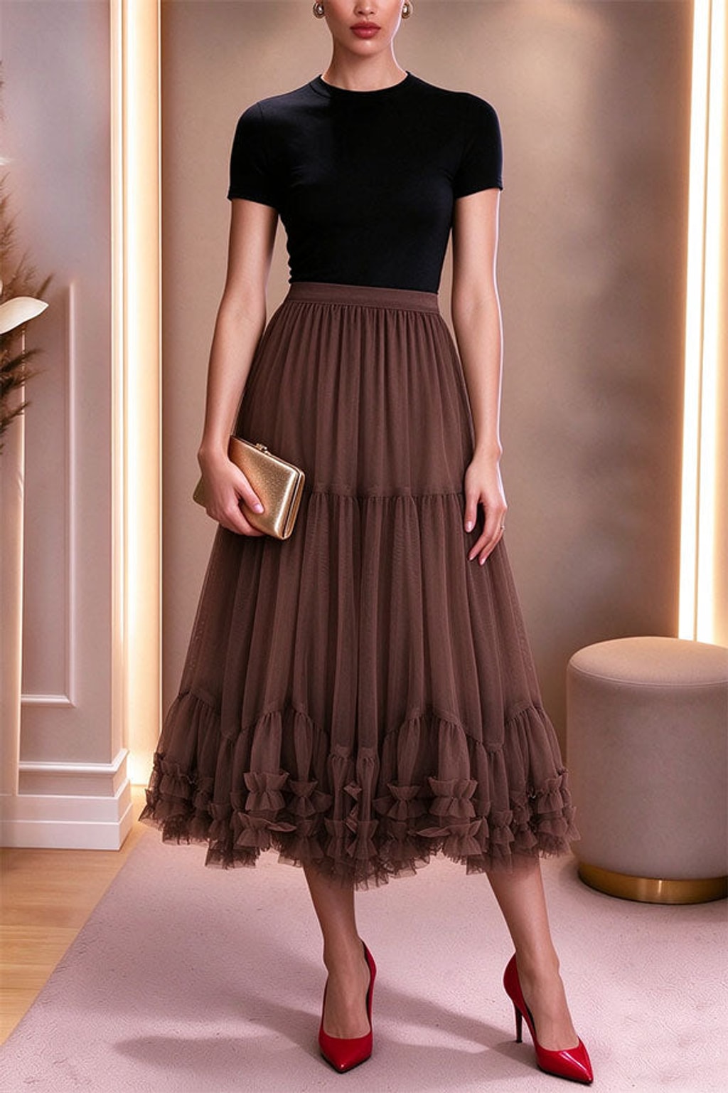 Mesh Midi Skirt With Elastic Waistband And Lettuce Edge - 4