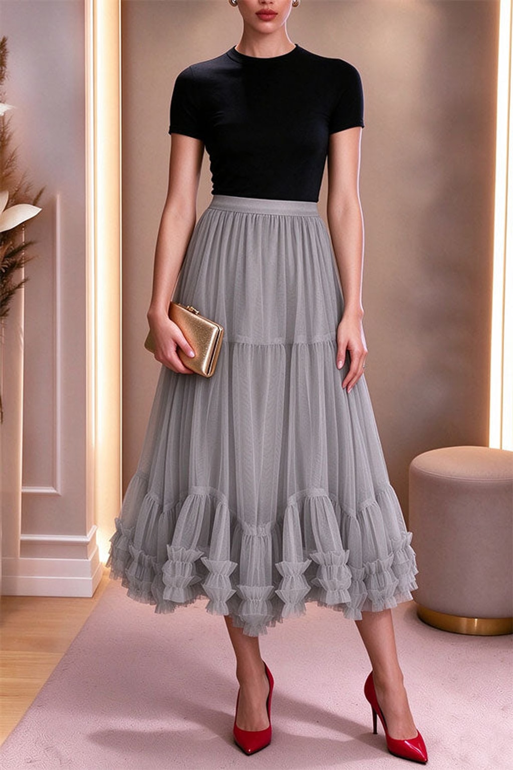 Mesh Midi Skirt With Elastic Waistband And Lettuce Edge - 6