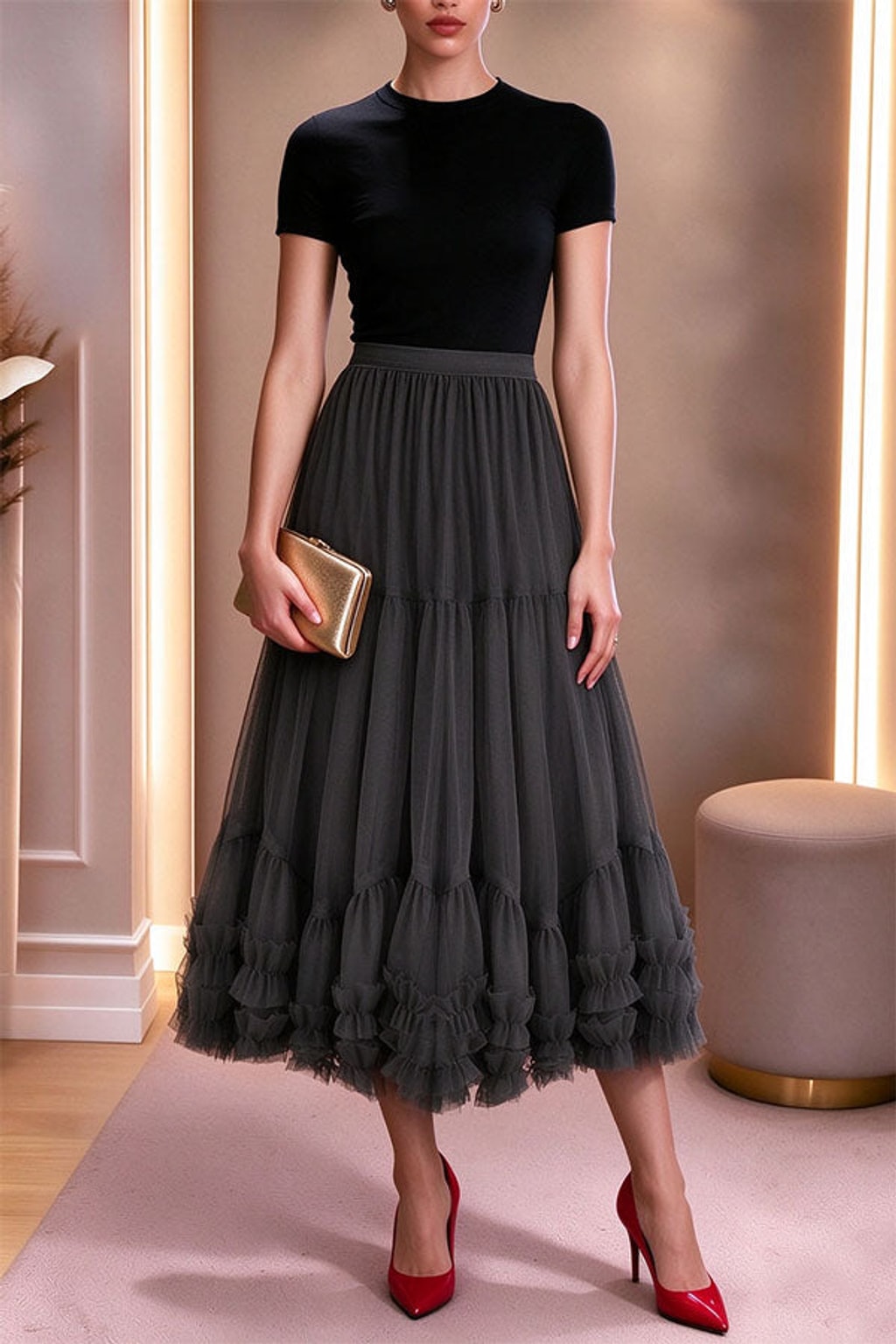 Mesh Midi Skirt With Elastic Waistband And Lettuce Edge - 7