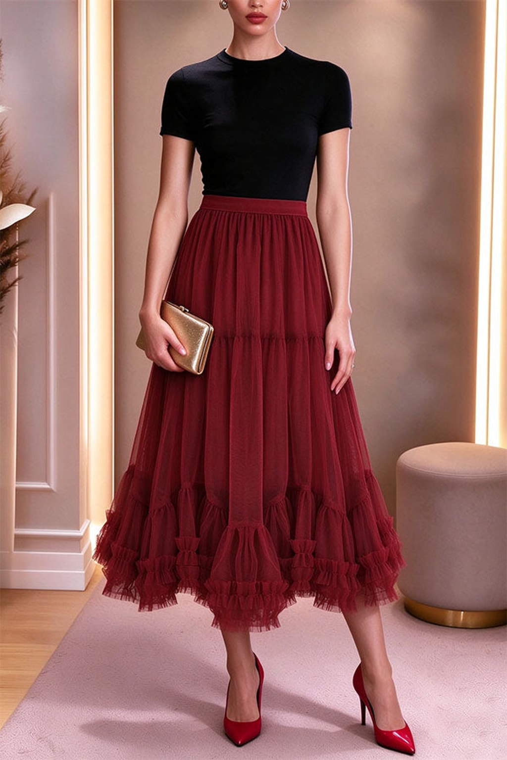 Mesh Midi Skirt With Elastic Waistband And Lettuce Edge - 3