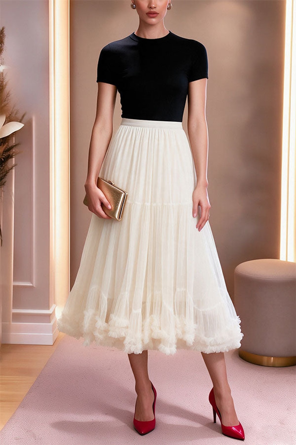 Mesh Midi Skirt With Elastic Waistband And Lettuce Edge - 8