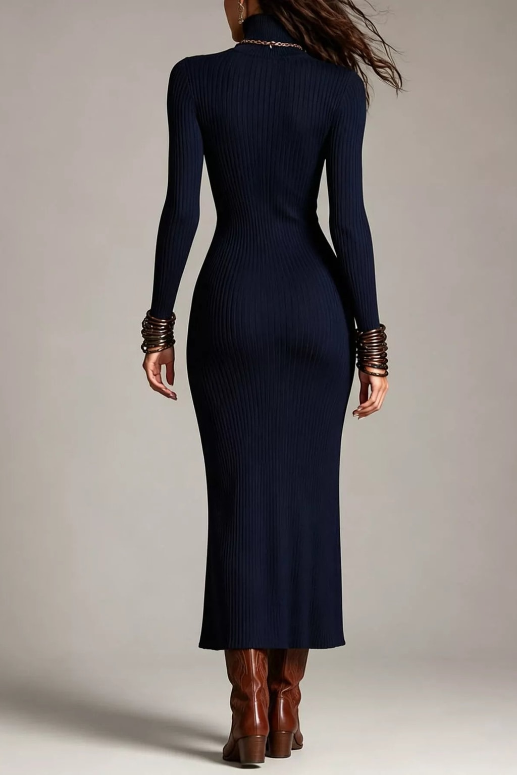 Polyester Ribbed Sweater Dress With Turtleneck Cutout - 3