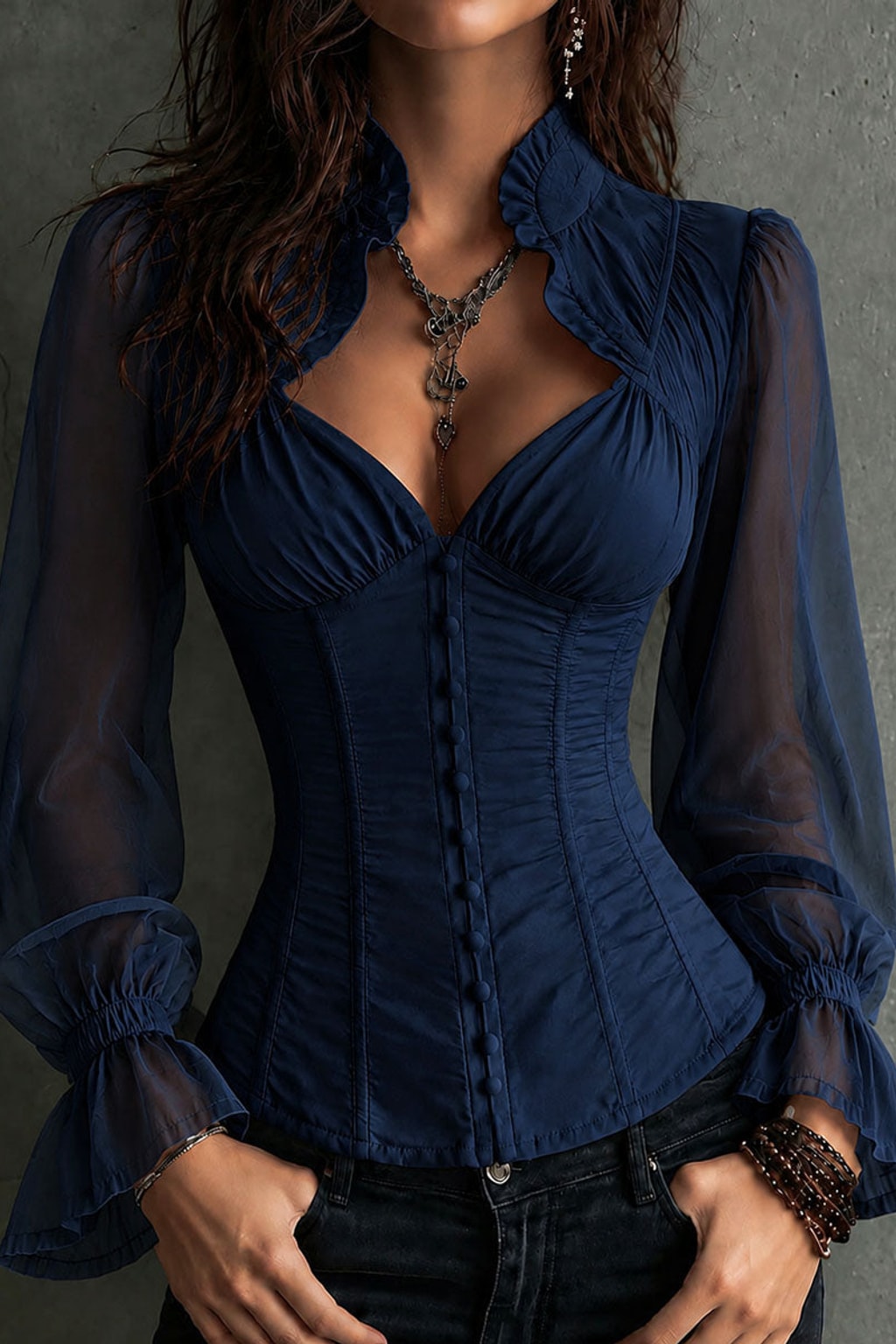 Retro Sheer Sleeve Blouse with Corset Waist and Ruffled Collar - 7