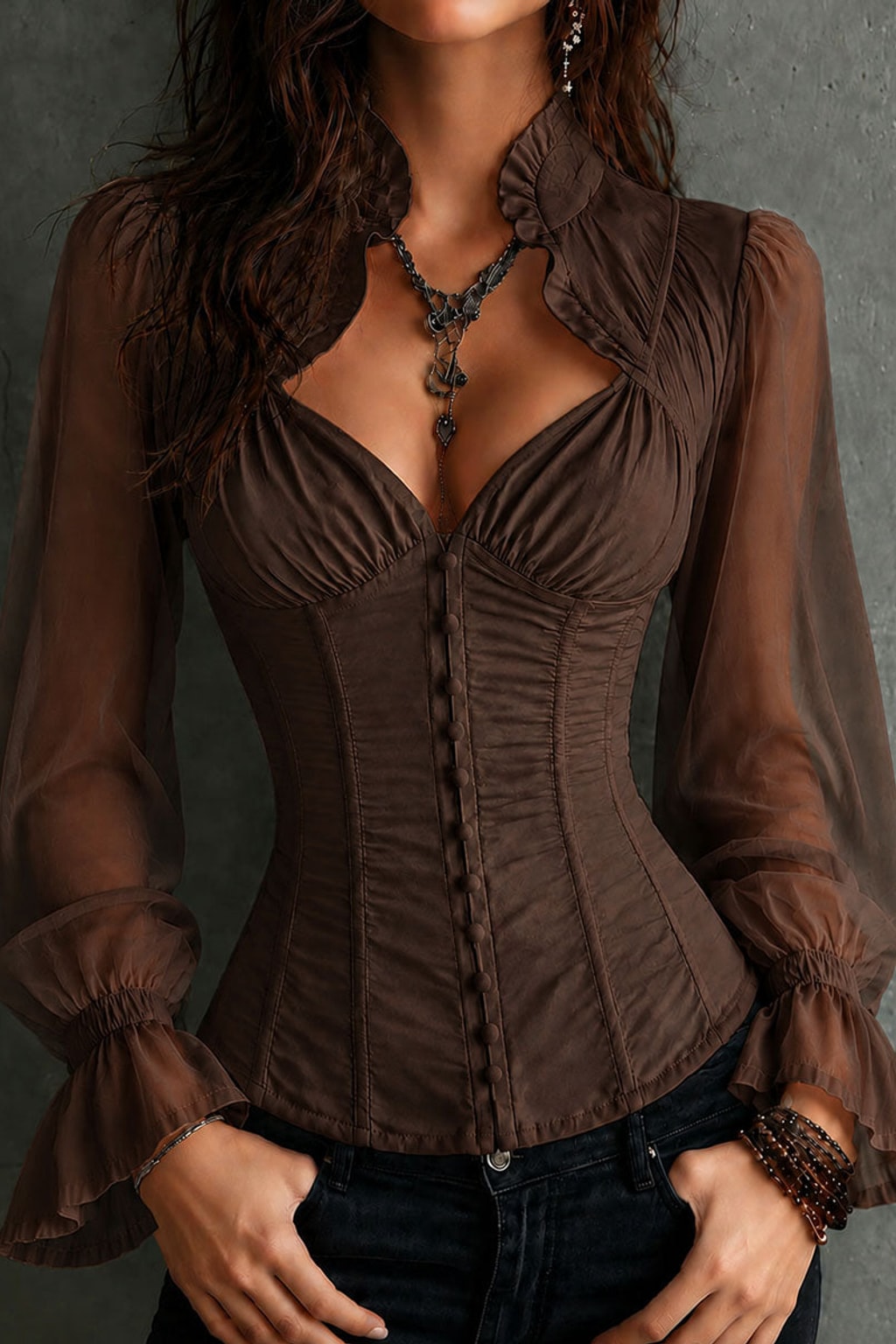 Retro Sheer Sleeve Blouse with Corset Waist and Ruffled Collar - 6