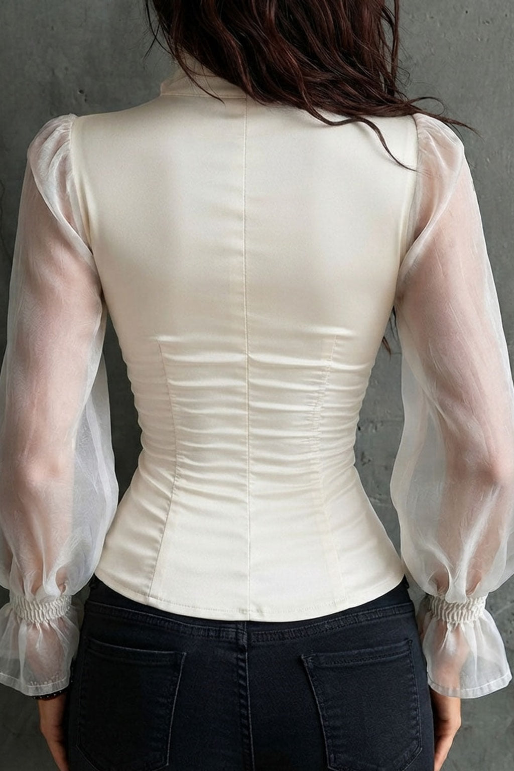 Retro Sheer Sleeve Blouse with Corset Waist and Ruffled Collar - 4