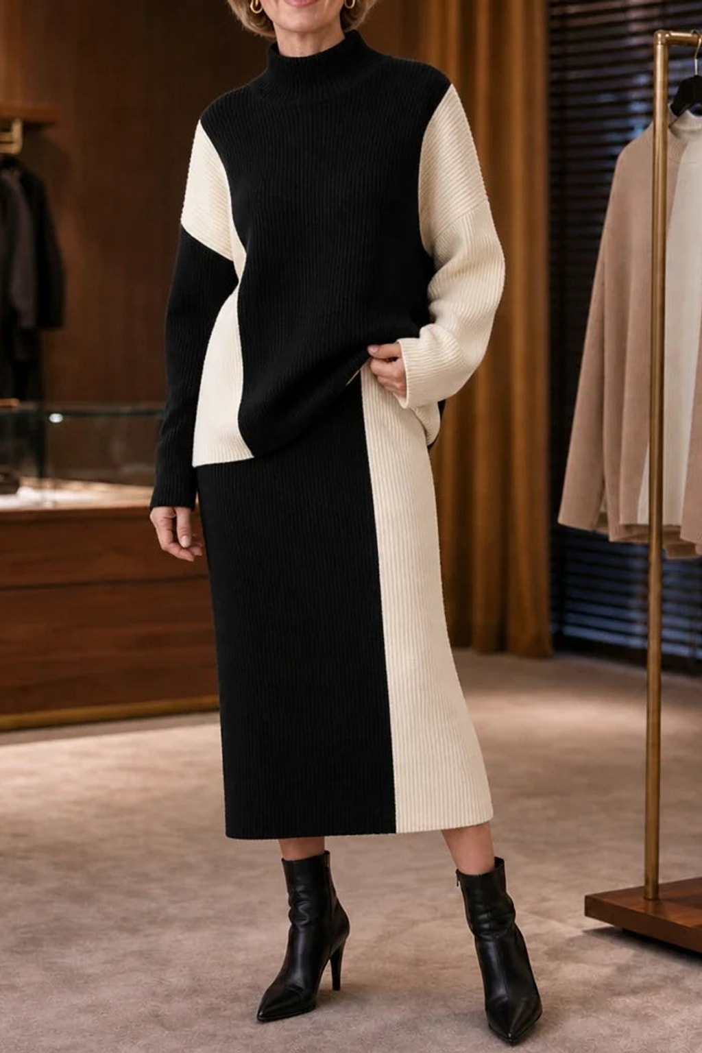 Cotton-Blend Knit Skirt Set With Vertical Panel Detail - 8