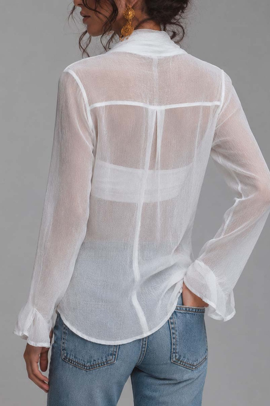 Chiffon Long Sleeve Blouse with Wrap Front Tie - 4